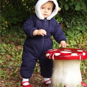Navy Blue Faux Fur Baby Snowsuit with White Hood size 6-9 months